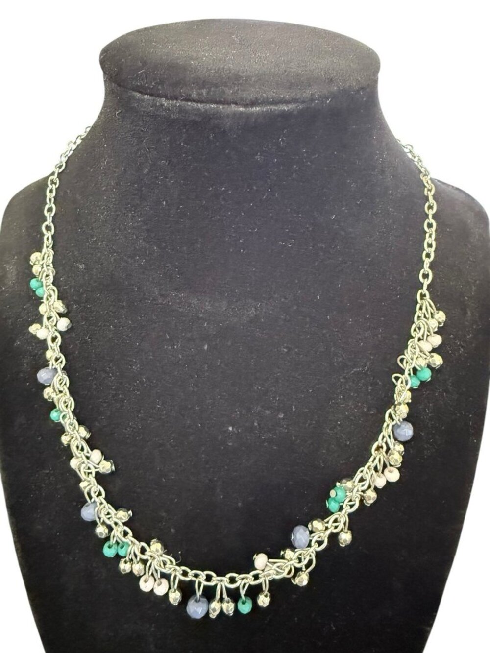 Multi Dangling Bead Necklace Silver Tone with Multi Color Dangling Beads 17"
